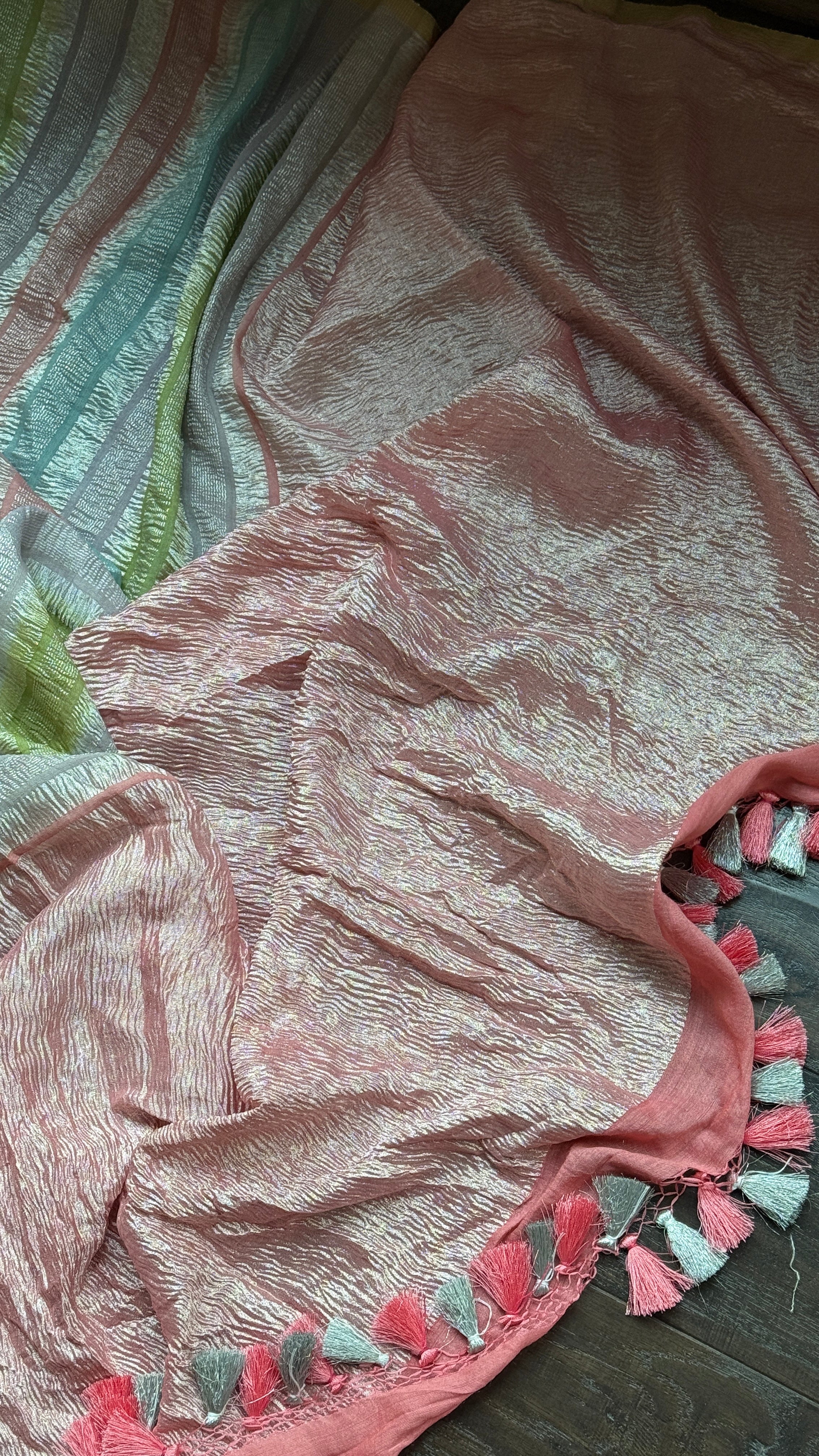 Pure Muga Silk Crushed Zari Banarasi - Peach Pink Hand Dyed