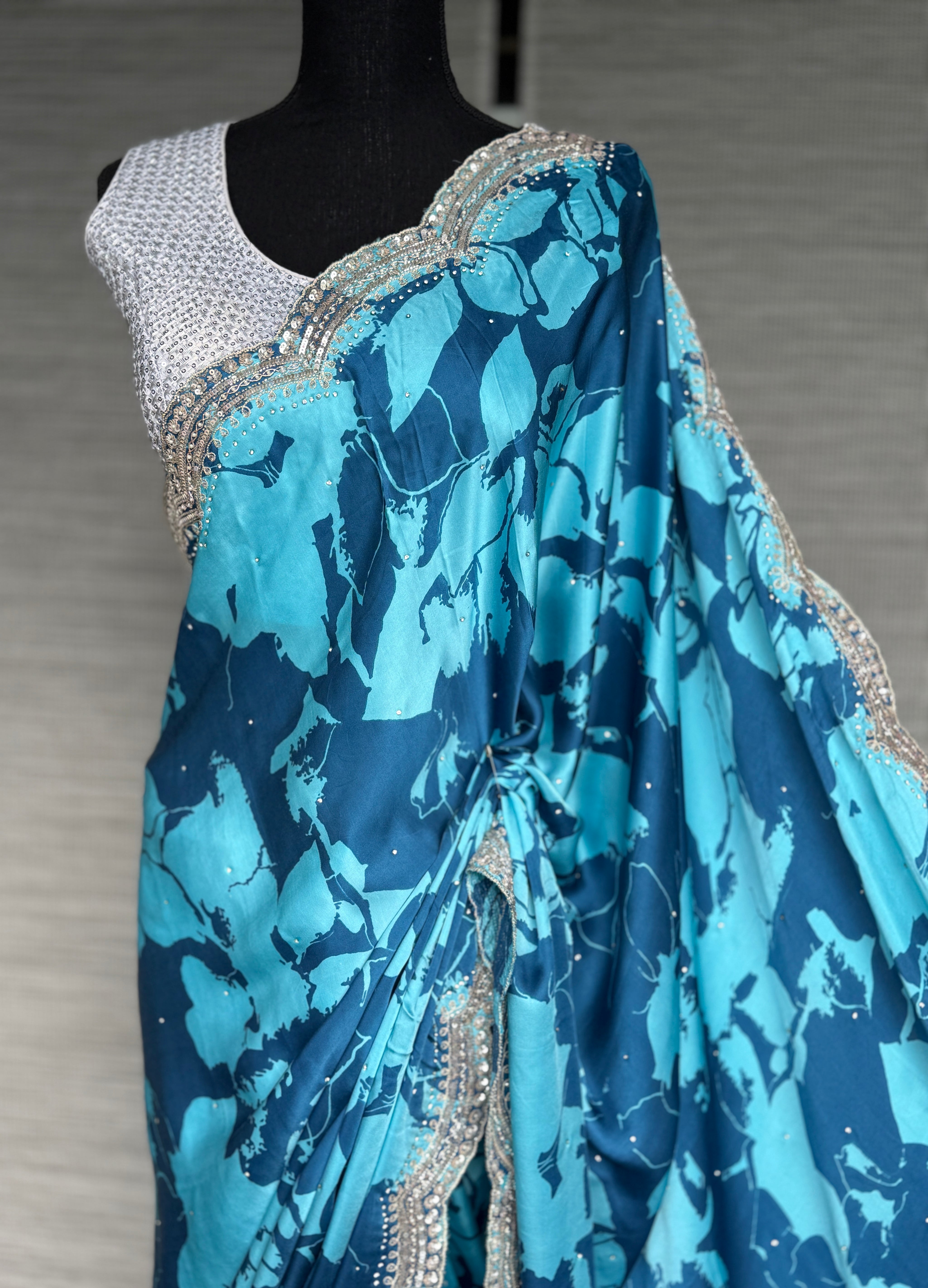Designer Crepe Satin - Blue Firozi