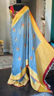 Pure Khaddi Georgette Banarasi - Grey Yellow Kadwa Paisley Meenakari