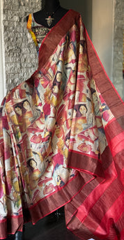 Pure Tussar Silk - Beige Red Printed