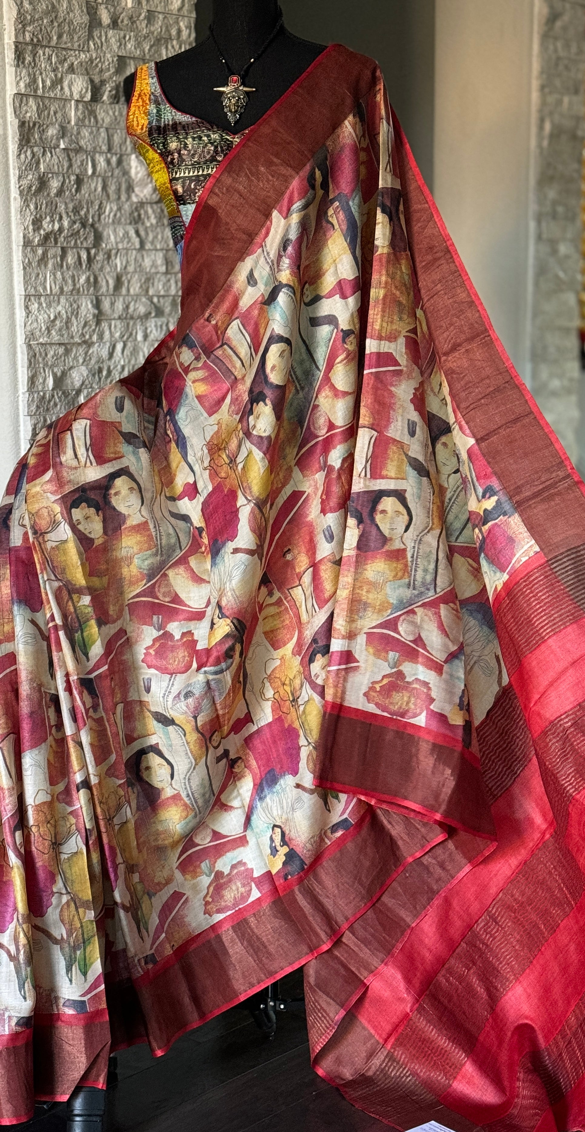 Pure Tussar Silk - Beige Red Printed