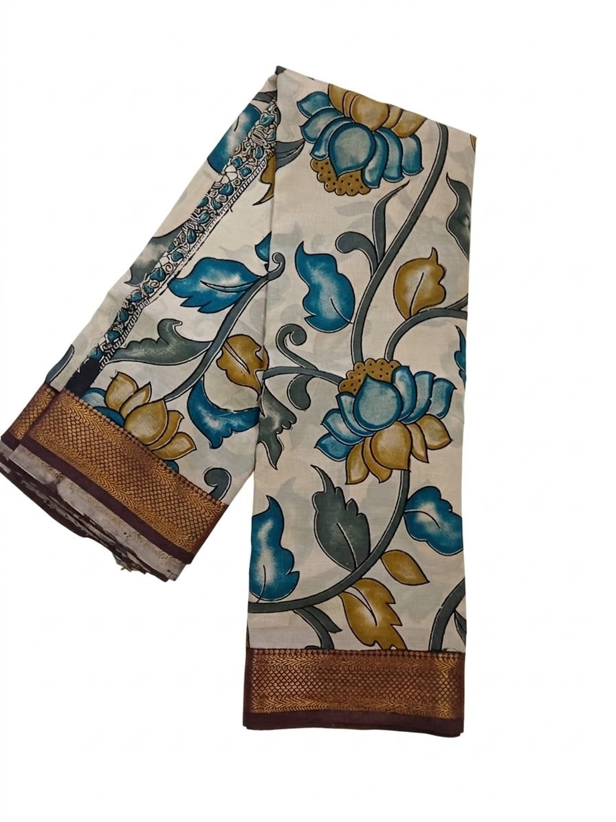 Chinori Silk Kalamkari  -  Dusty White Firozi Lotus