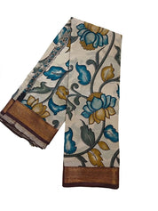Chinori Silk Kalamkari  -  Dusty White Firozi Lotus