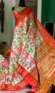Pure Silk Tissue Ikat - Golden Cream Rust Pink
