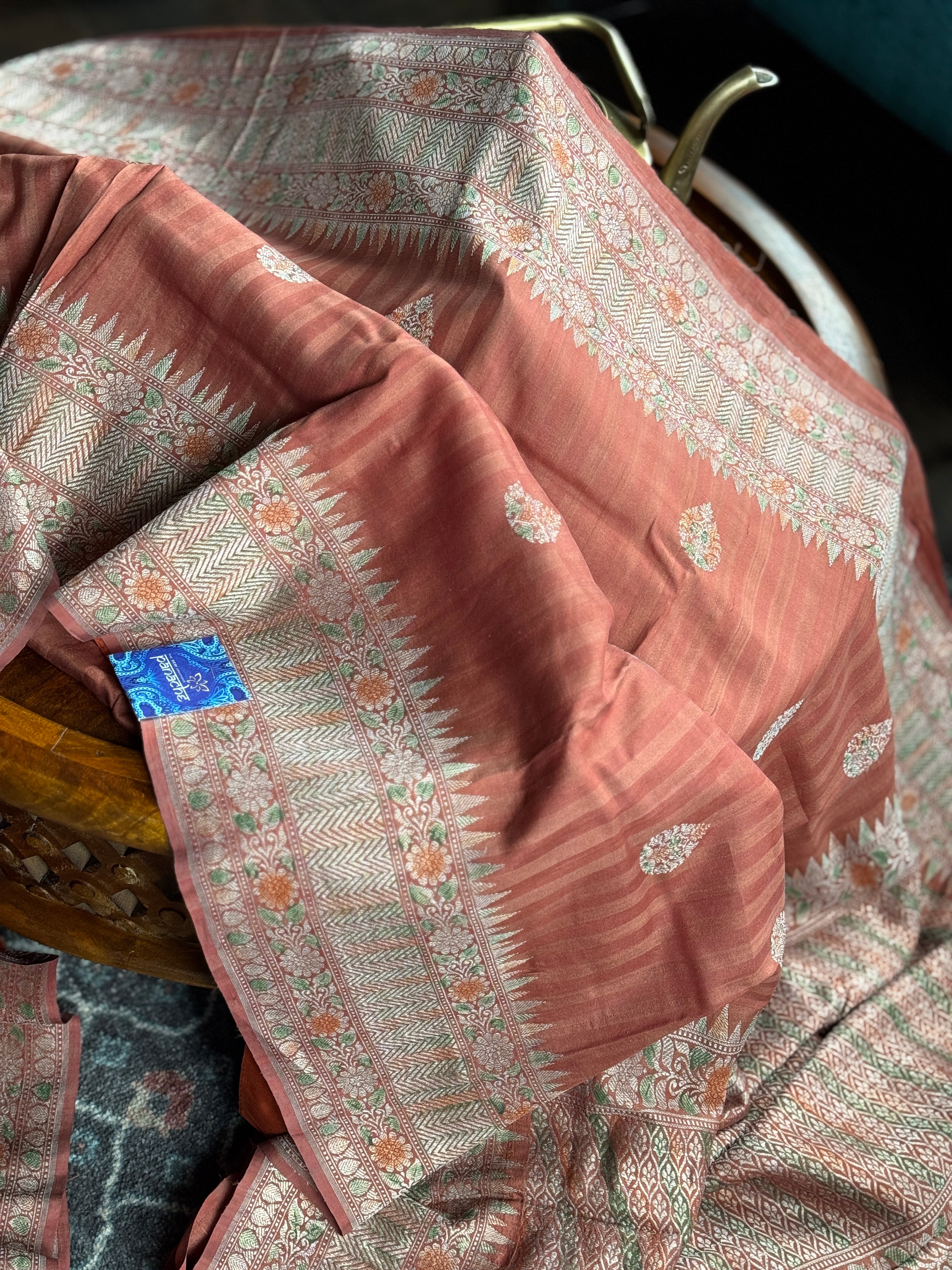 Tussar Silk Banarasi - Rust Orange Striped Antique Zari