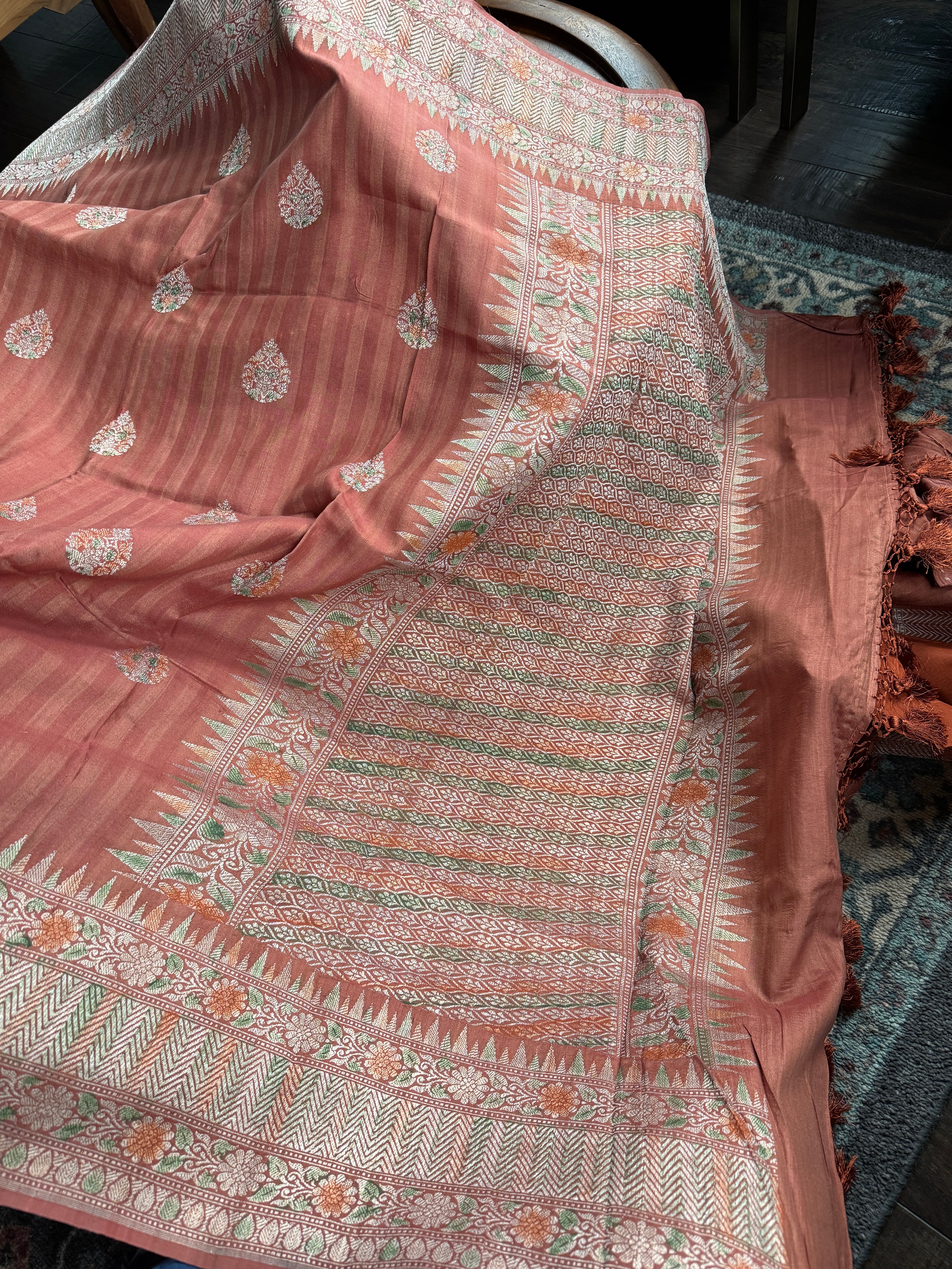 Tussar Silk Banarasi - Rust Orange Striped Antique Zari