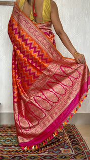 Katan Silk Tanchui Banarasi - Magenta Pink Orange Antique Zari