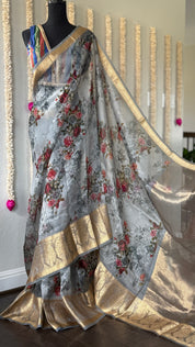 Organza Banarasi Floral - Light Grey Kadwa