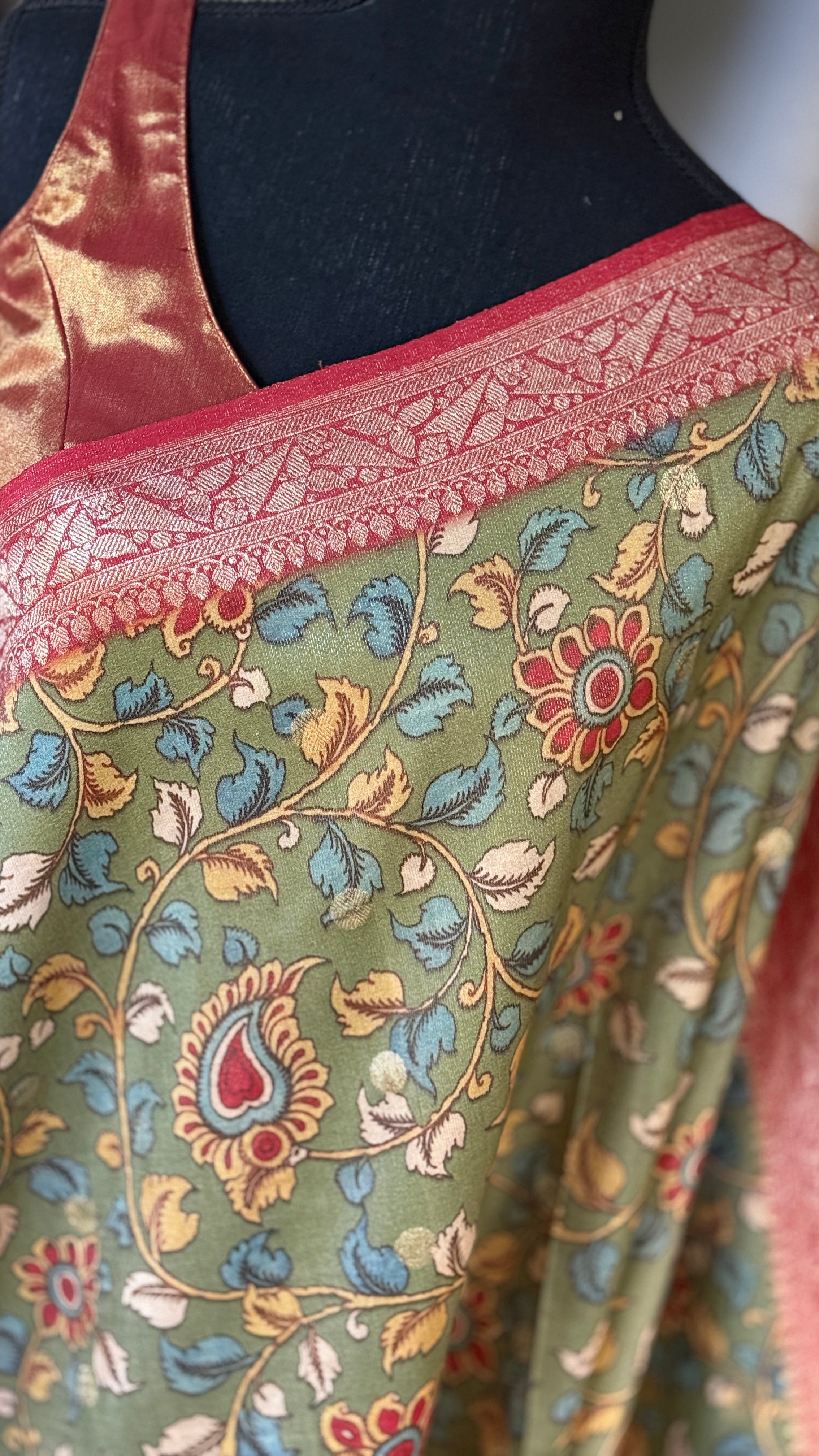 Tussar Silk Kalamkari Banarasi- Green Red