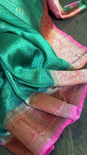 Pure Tussar Silk Banarasi - Green Pink