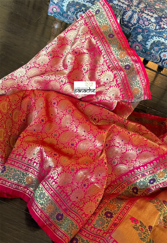 Soft Silk Brocade Banarasi - Pink Red Meenakari
