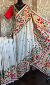 Pure Tussar Silk Kantha Stitch -  Beige Multi color