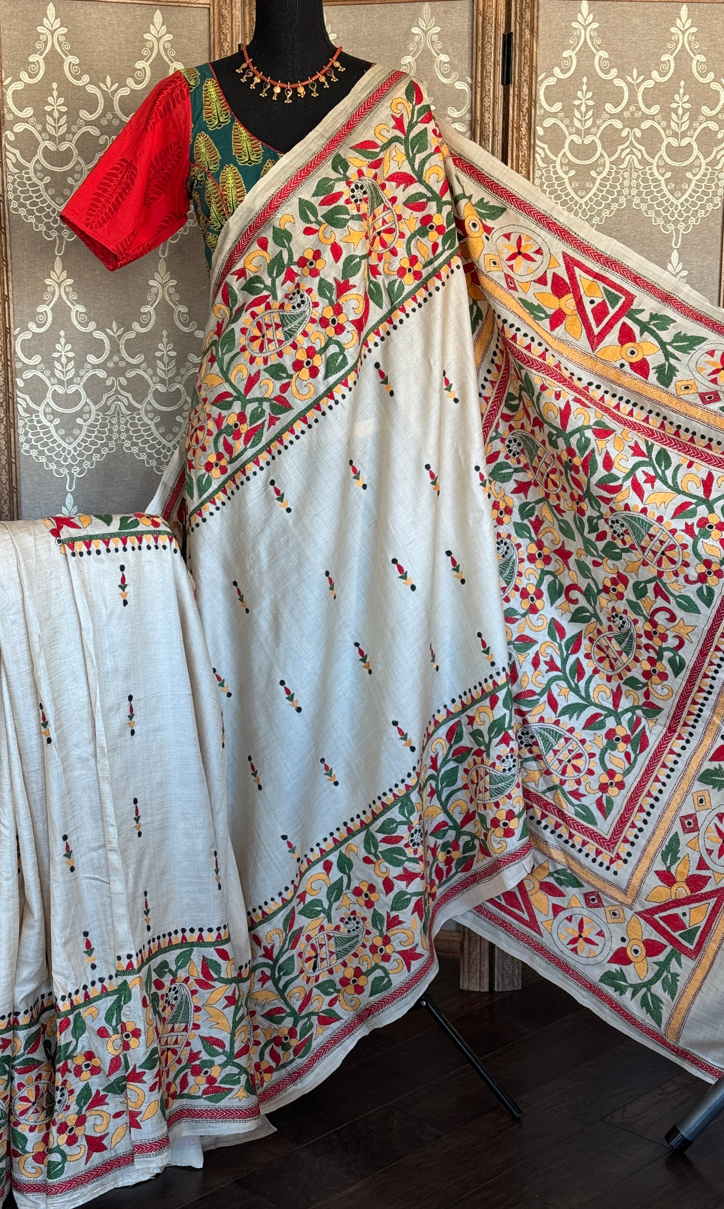Pure Tussar Silk Kantha Stitch -  Beige Multi color