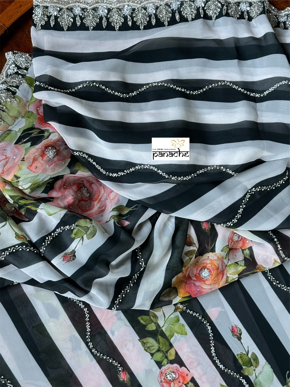 Designer Georgette Floral - Black and white Hand Embroidered