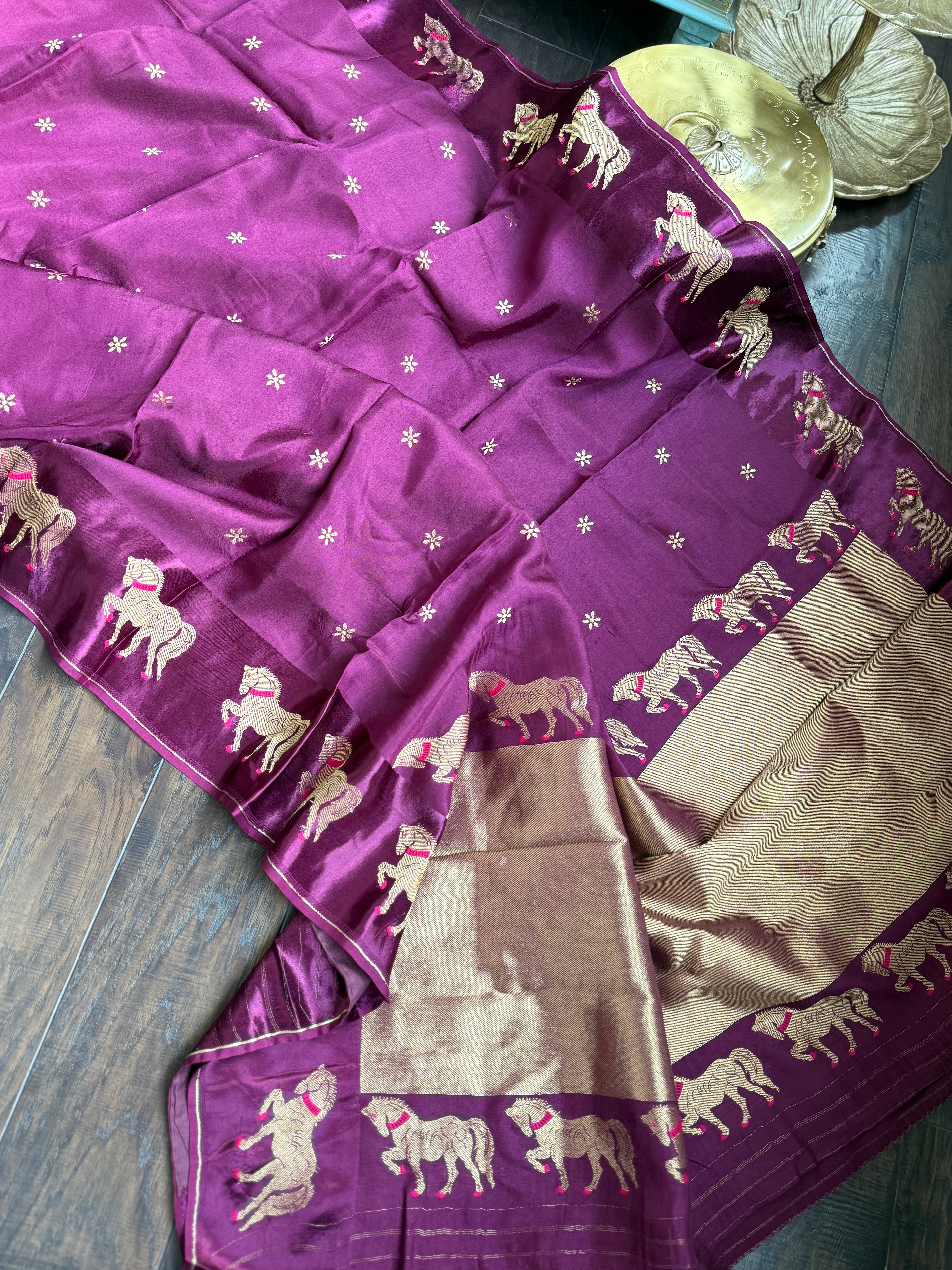 Designer Satin Silk - Purple Horse Woven