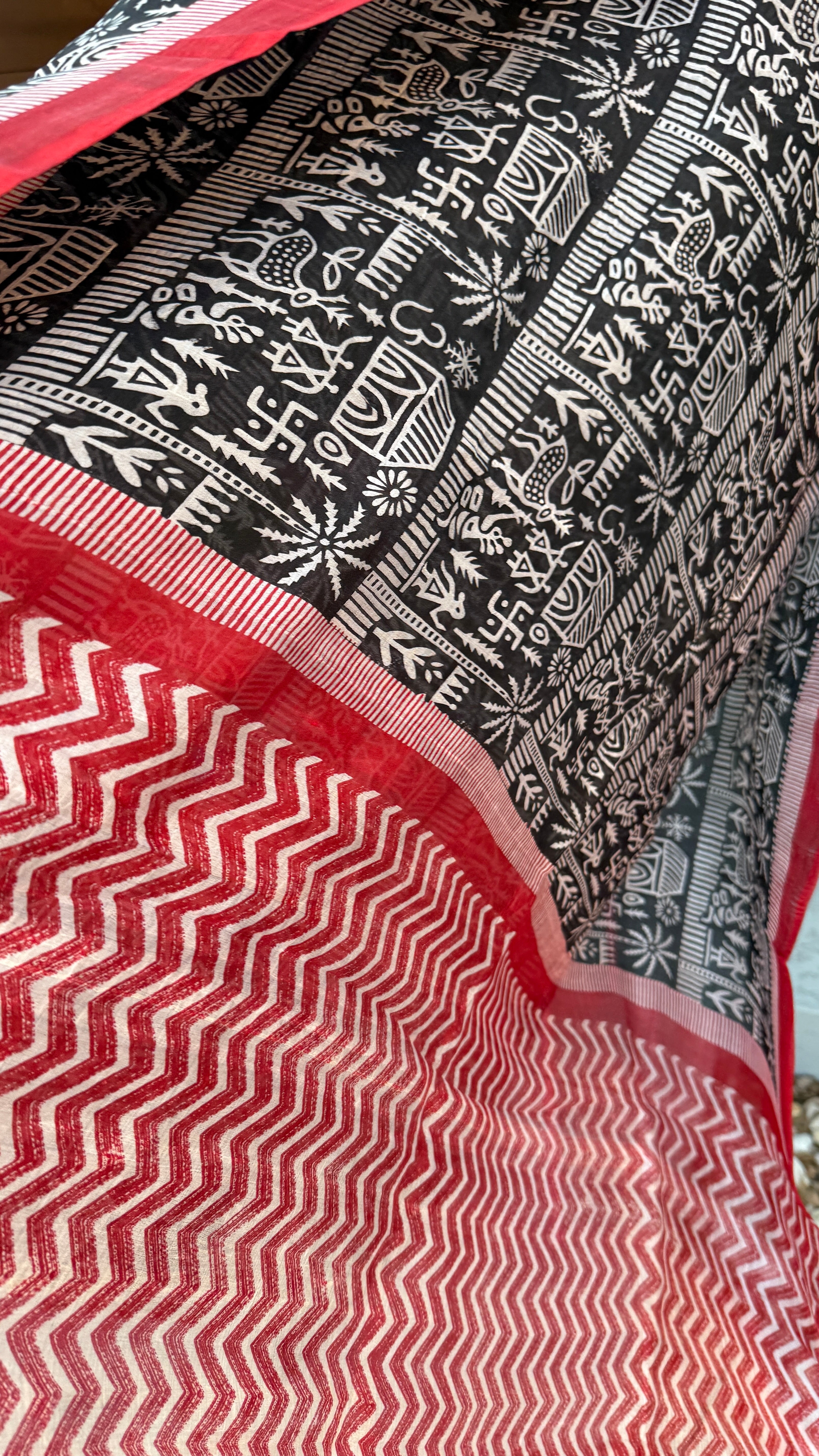 Pure Murshidabad Silk - Black White Red Printed