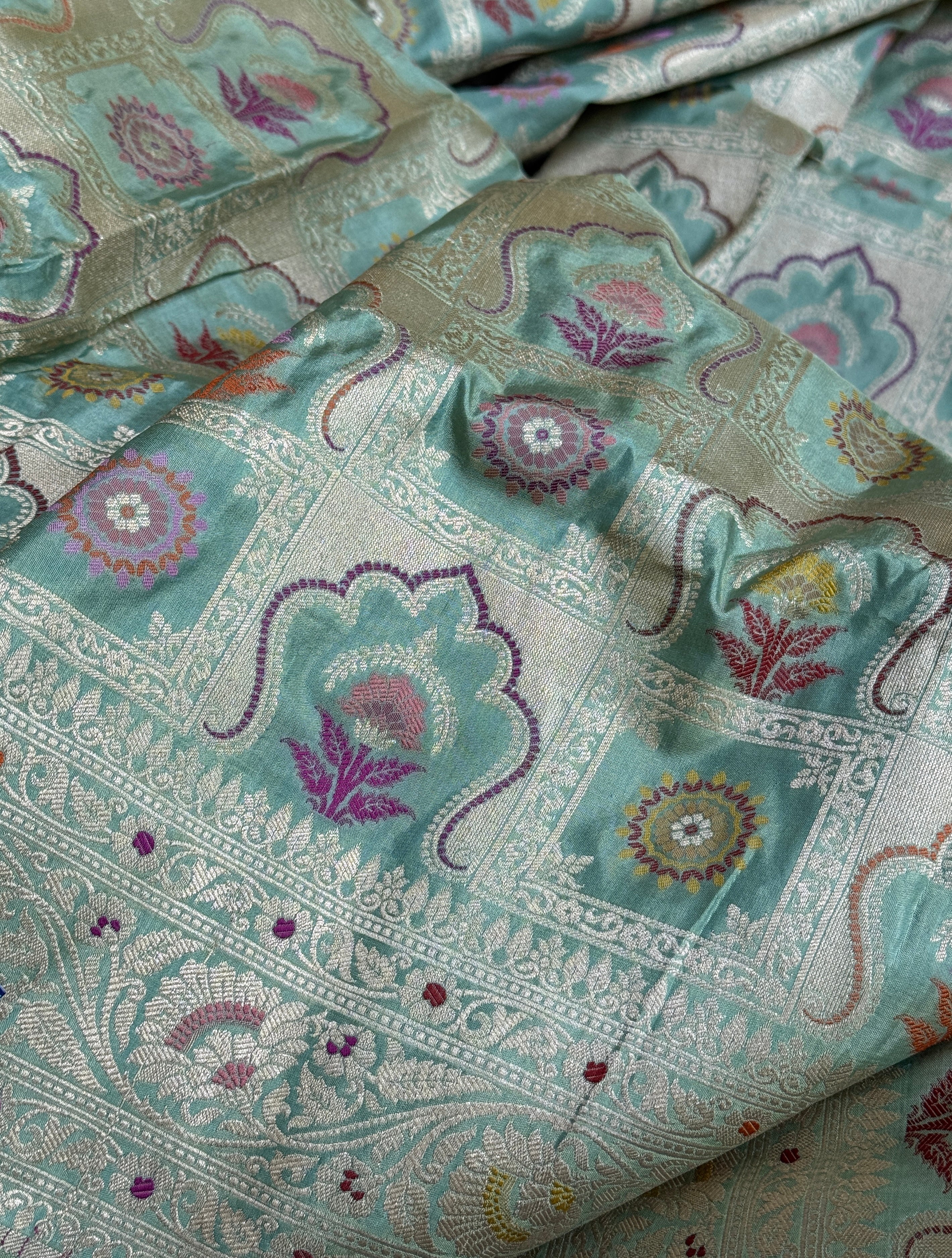 Pure Katan Silk Banarasi - Aqua Blue Multi Meenakari