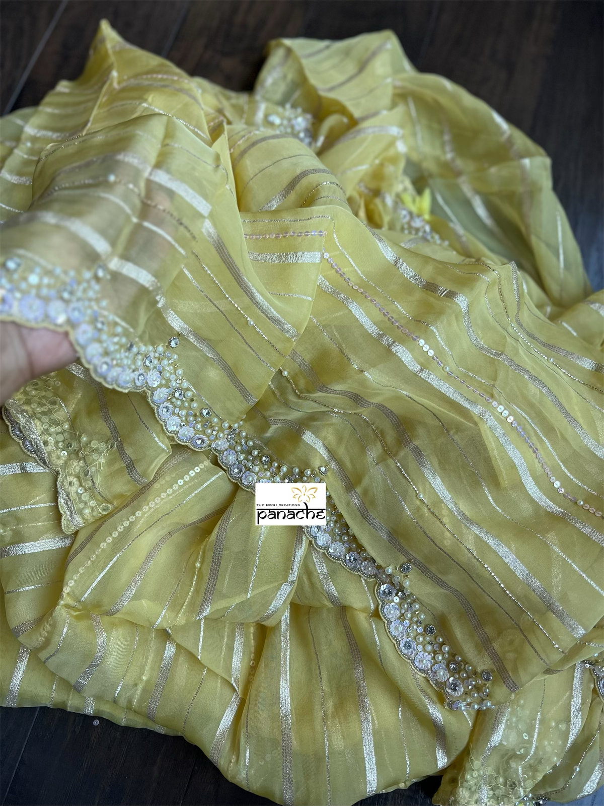 Designer Georgette Organza Hand Embroidered - Light Yellow