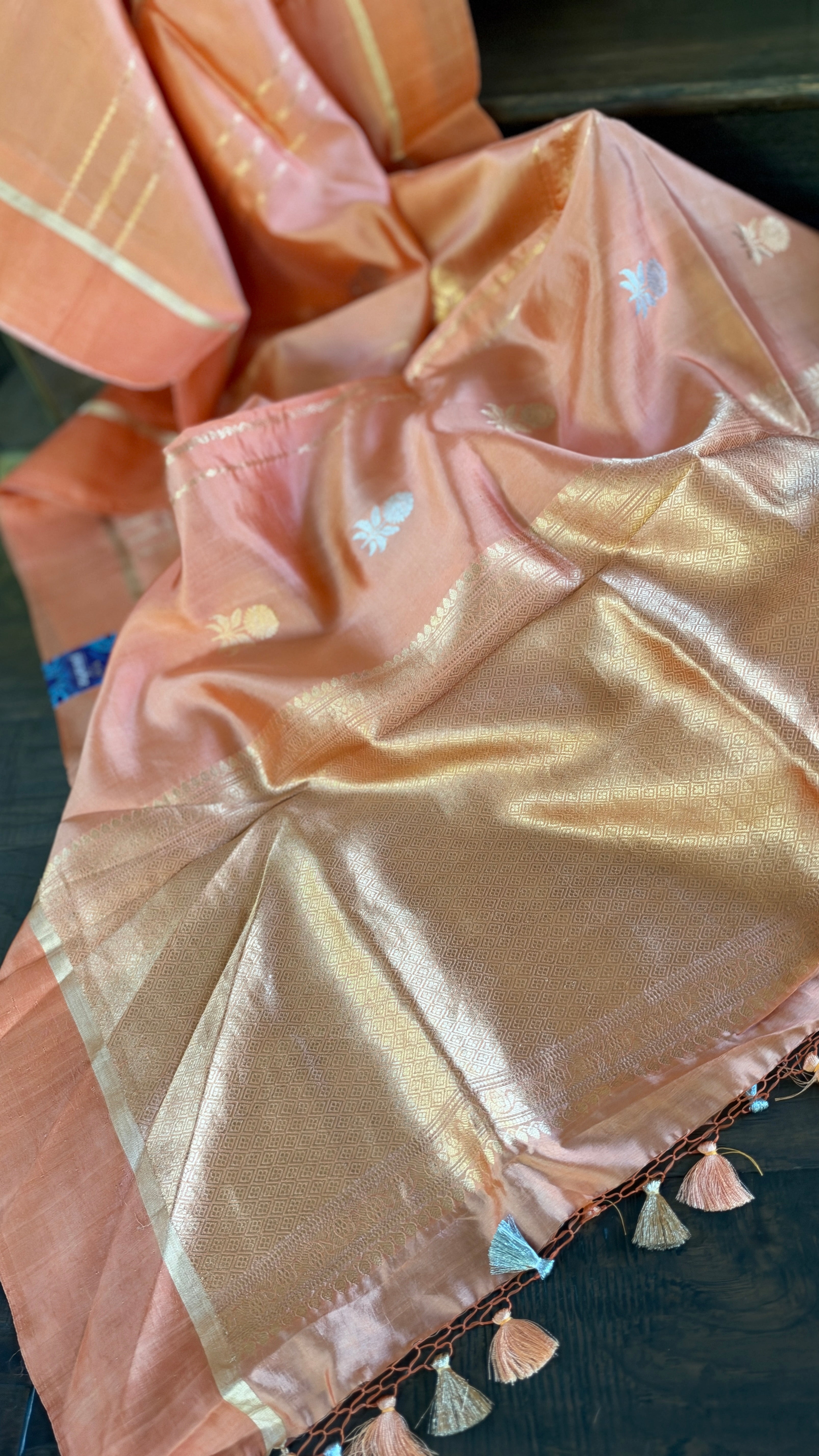 Pure Silk Banarasi Khadhua - Peach Golden Zari
