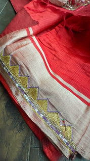 Hand Zardozi Pure Chanderi Pattu Silk - Red Eknaliya Woven