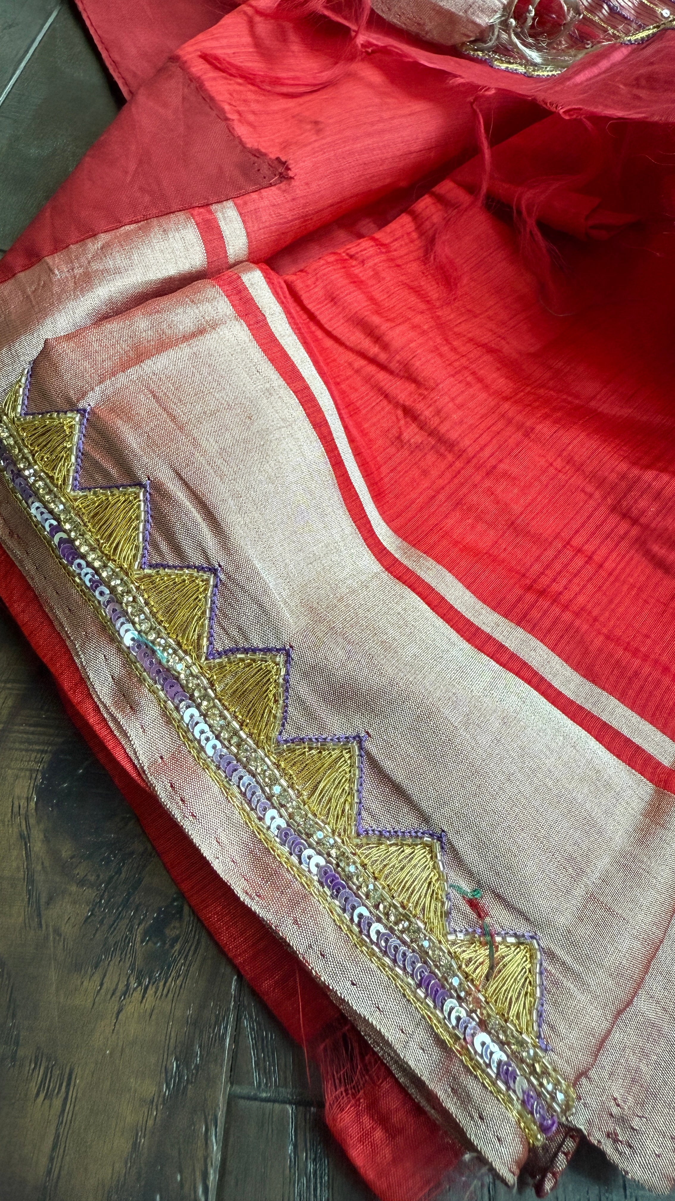 Hand Zardozi Pure Chanderi Pattu Silk - Red Eknaliya Woven