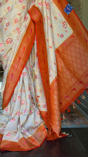 Khaddi Tussar Banarasi - Tilfi woven Beige Orange Multi Meenakari
