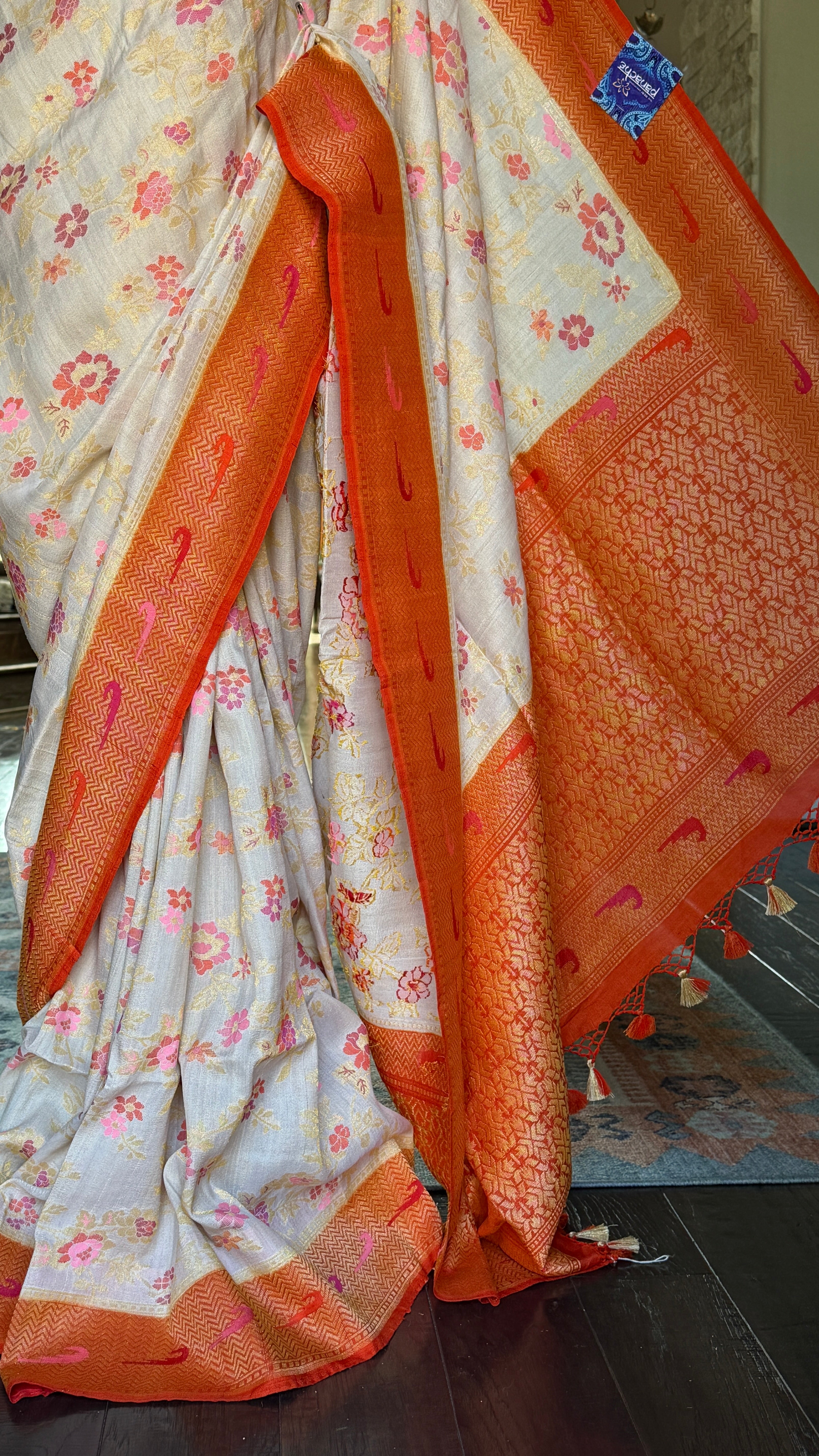 Khaddi Tussar Banarasi - Tilfi woven Beige Orange Multi Meenakari