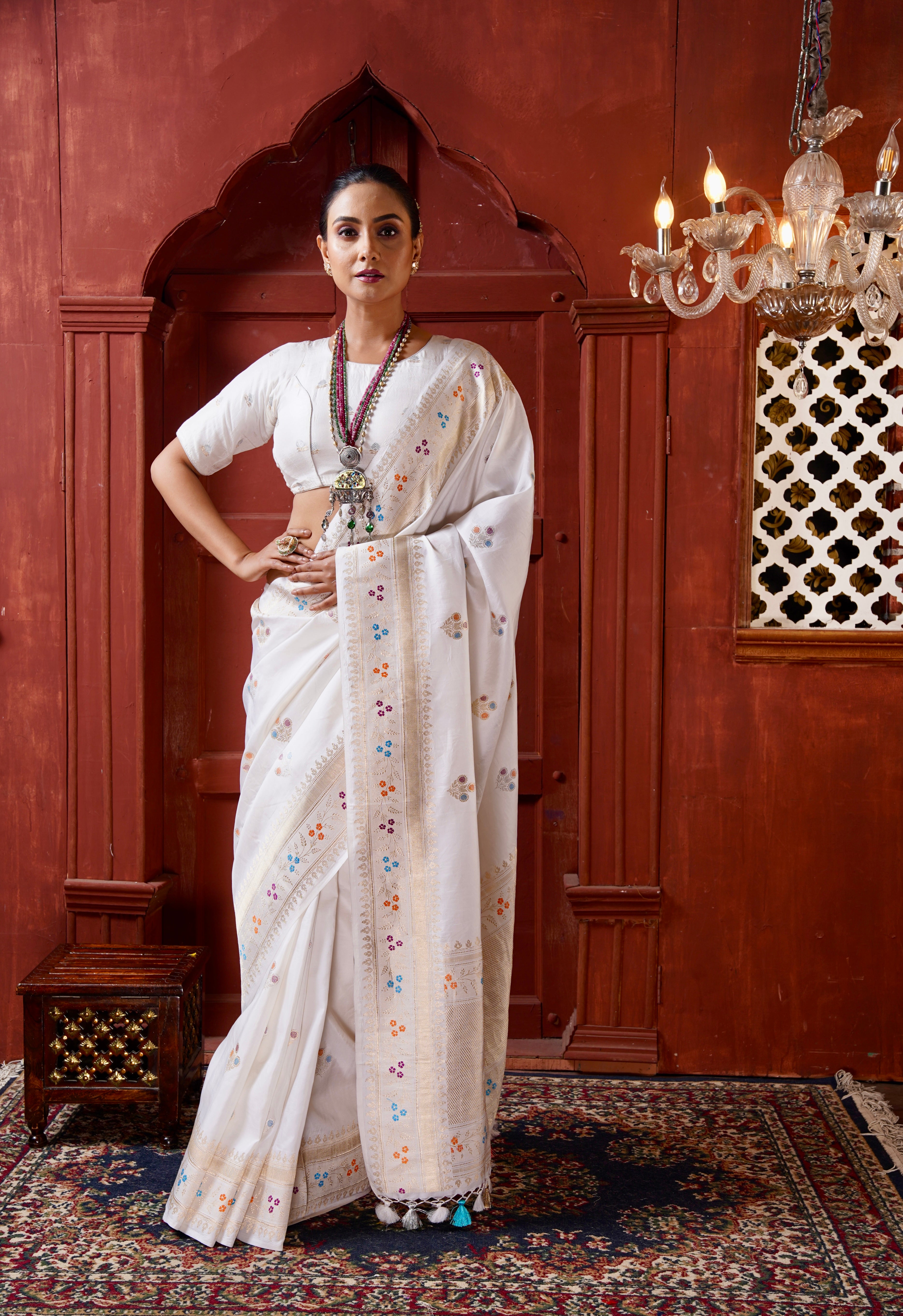 Pure Katan Silk Kadhua Banarasi - White antique Zari