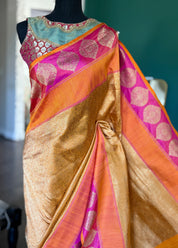 Pure Silk Brocade Banarasi - Mustard Yellow Orange Khadhua Woven