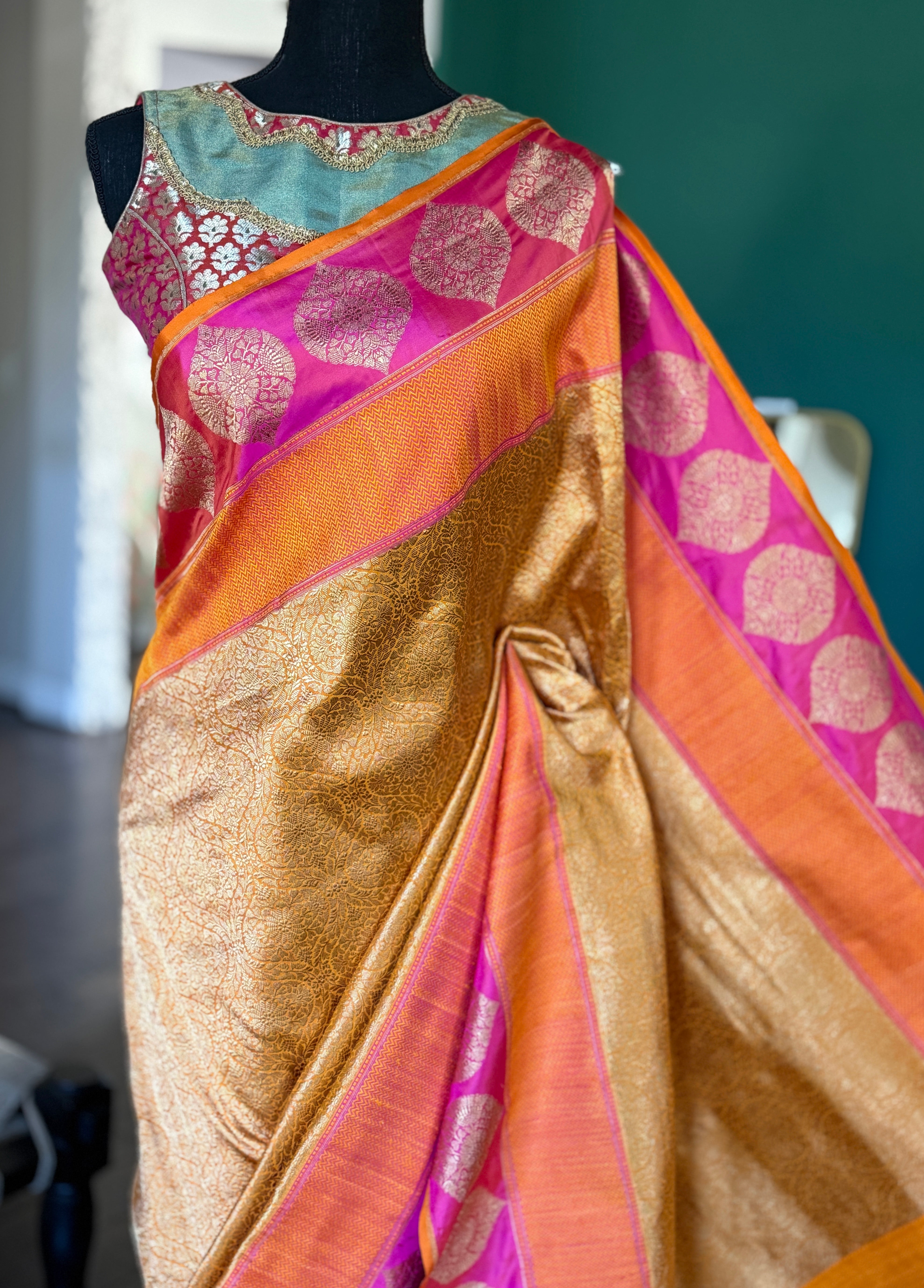 Pure Silk Brocade Banarasi - Mustard Yellow Orange Khadhua Woven
