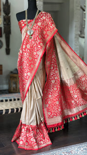 Pure Tassur Silk Banarasi - Beige Tan Red Meenakari
