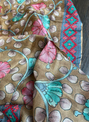 Tussar Silk Pen Kalamkari - Brown Hand Kutch Embroidered