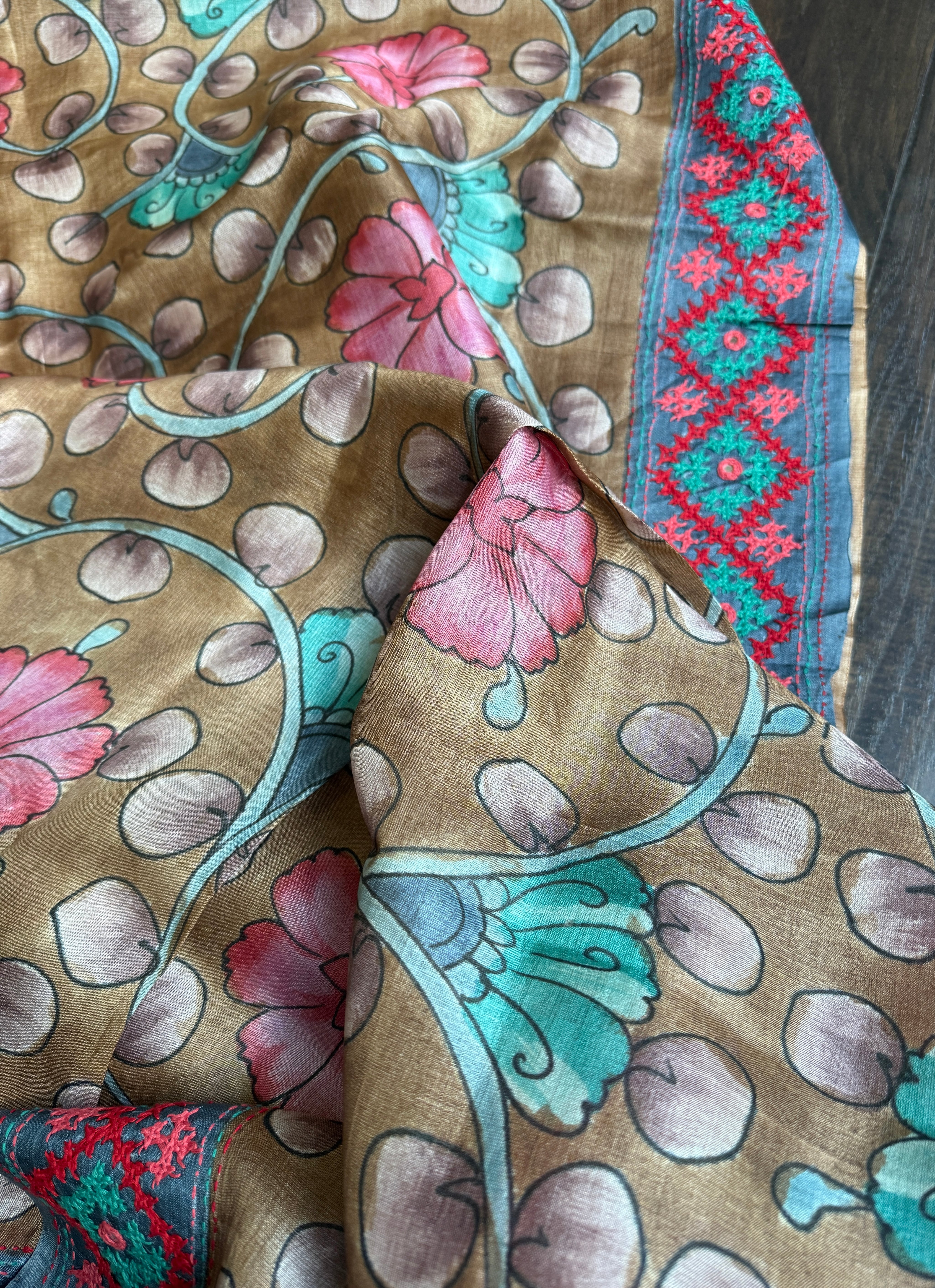 Tussar Silk Pen Kalamkari - Brown Hand Kutch Embroidered