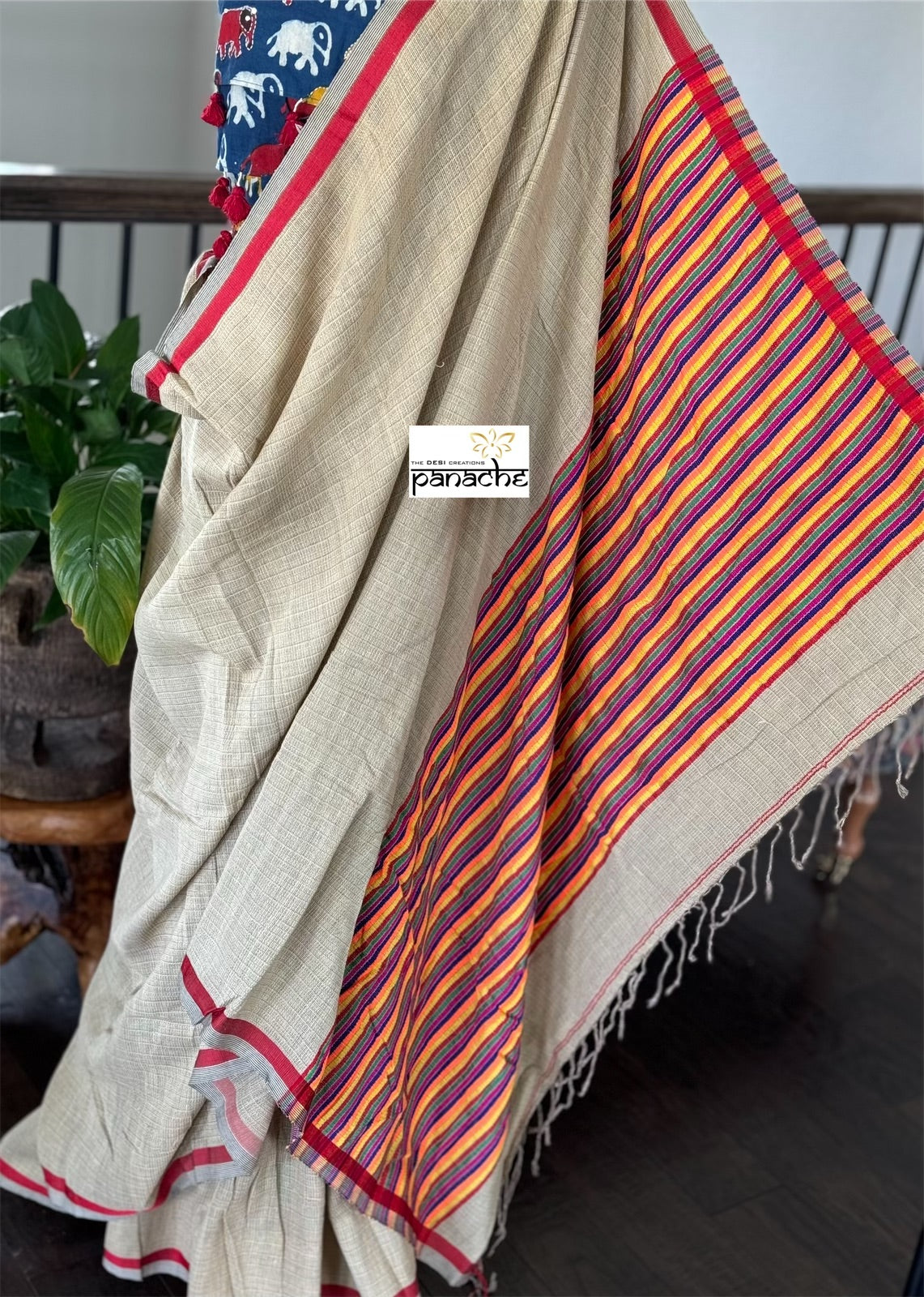 Pure Khadi Jute Cotton Handloom - Light Brown Beige Red Woven