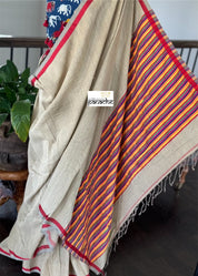 Pure Khadi Jute Cotton Handloom - Light Brown Beige Red Woven