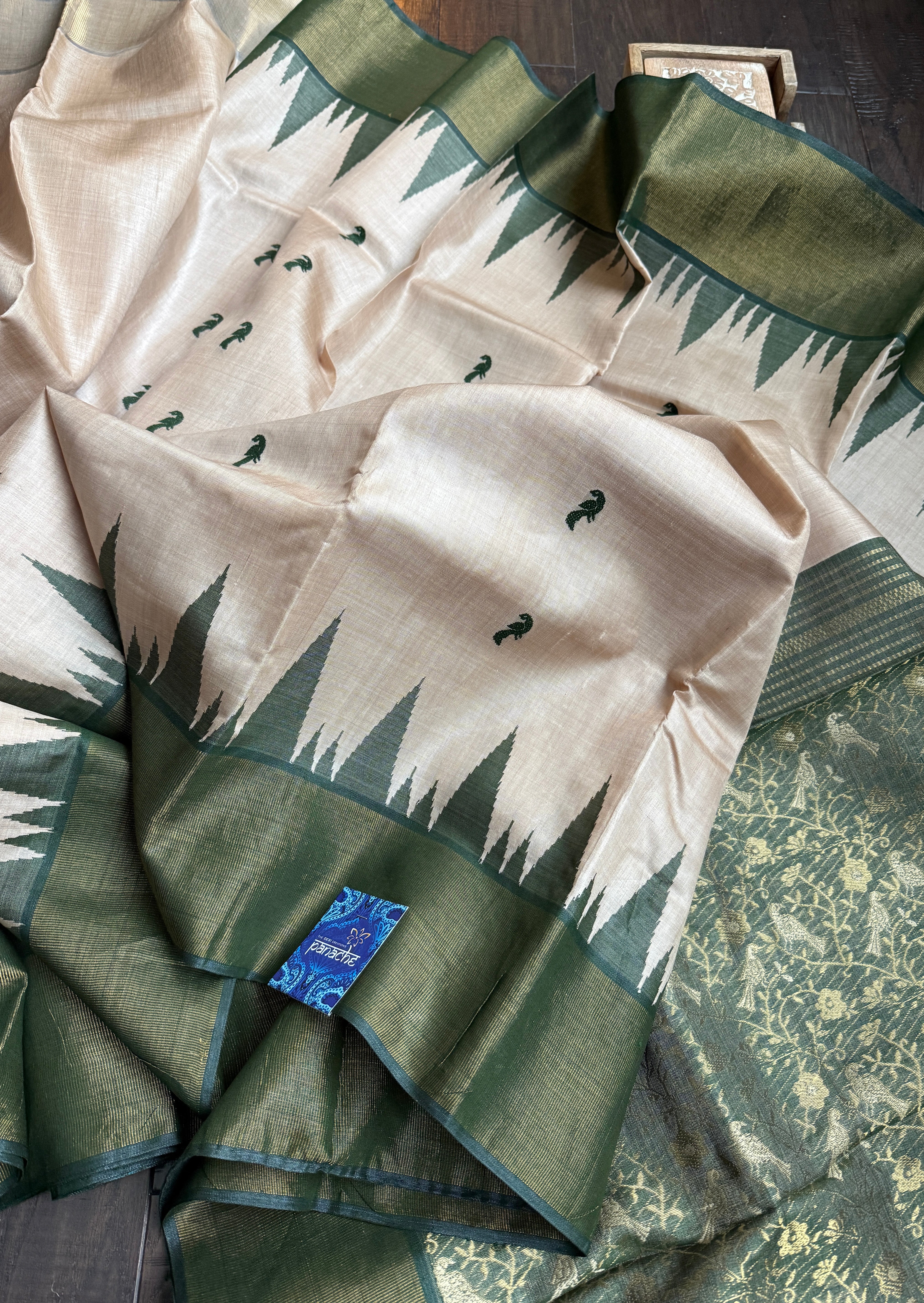Pure Tussar Silk - Beige Dark Moss Green