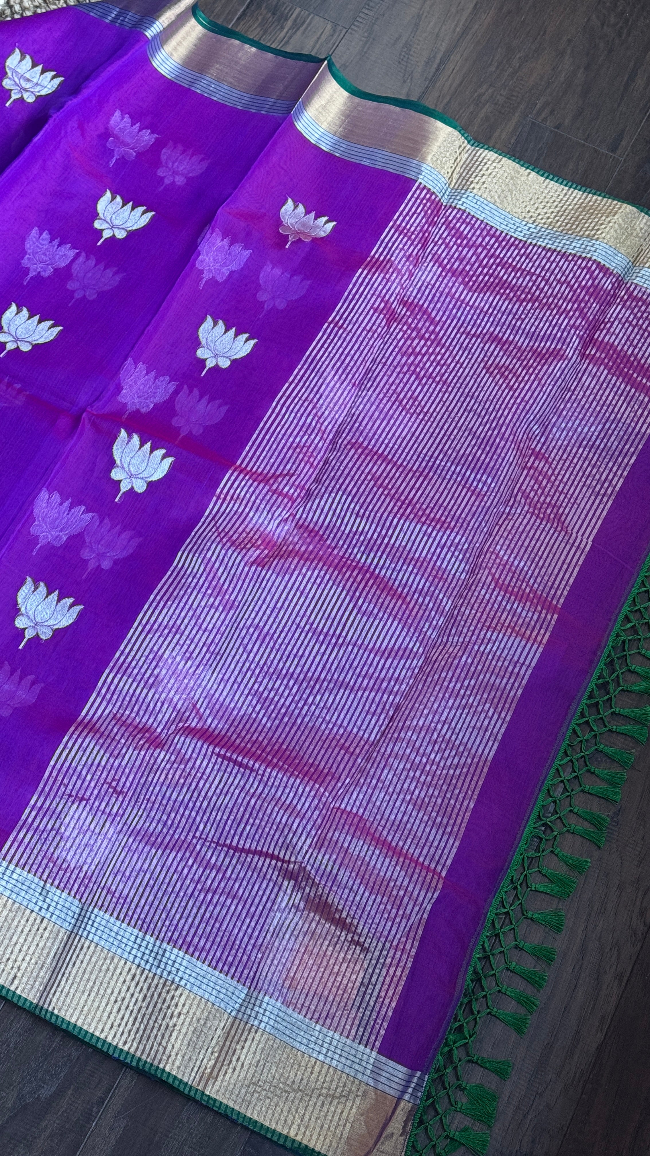 Pure Chanderi Organza Silk - Purple Green Lotus