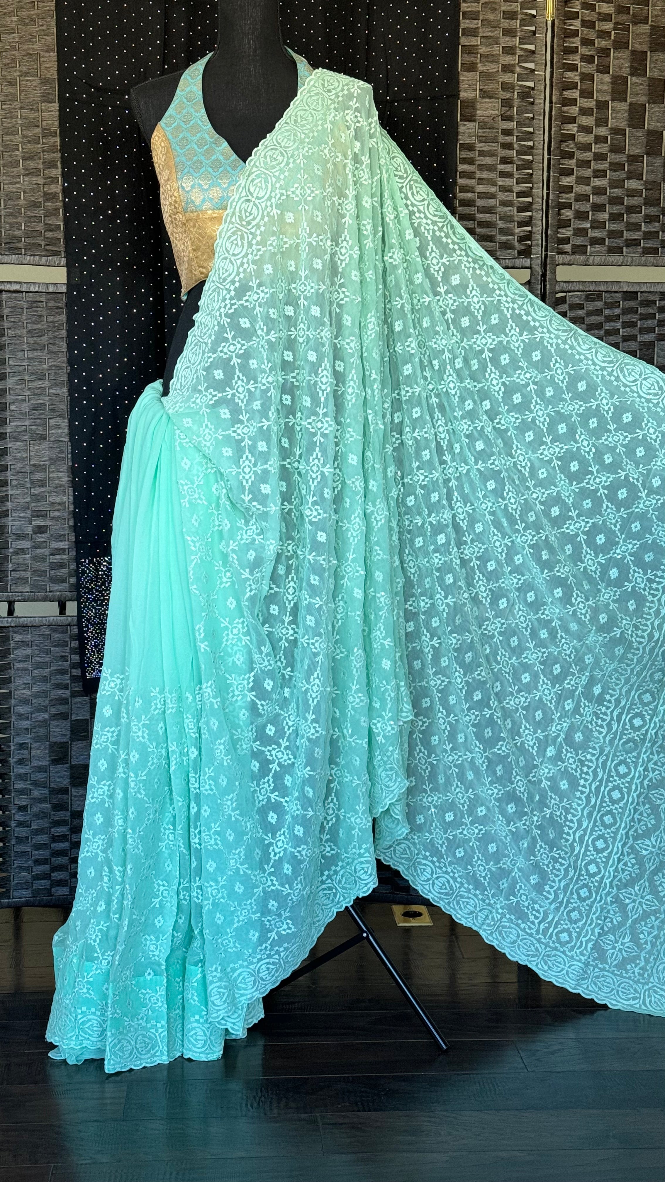 Designer Geogette Chikankari - Mint Green