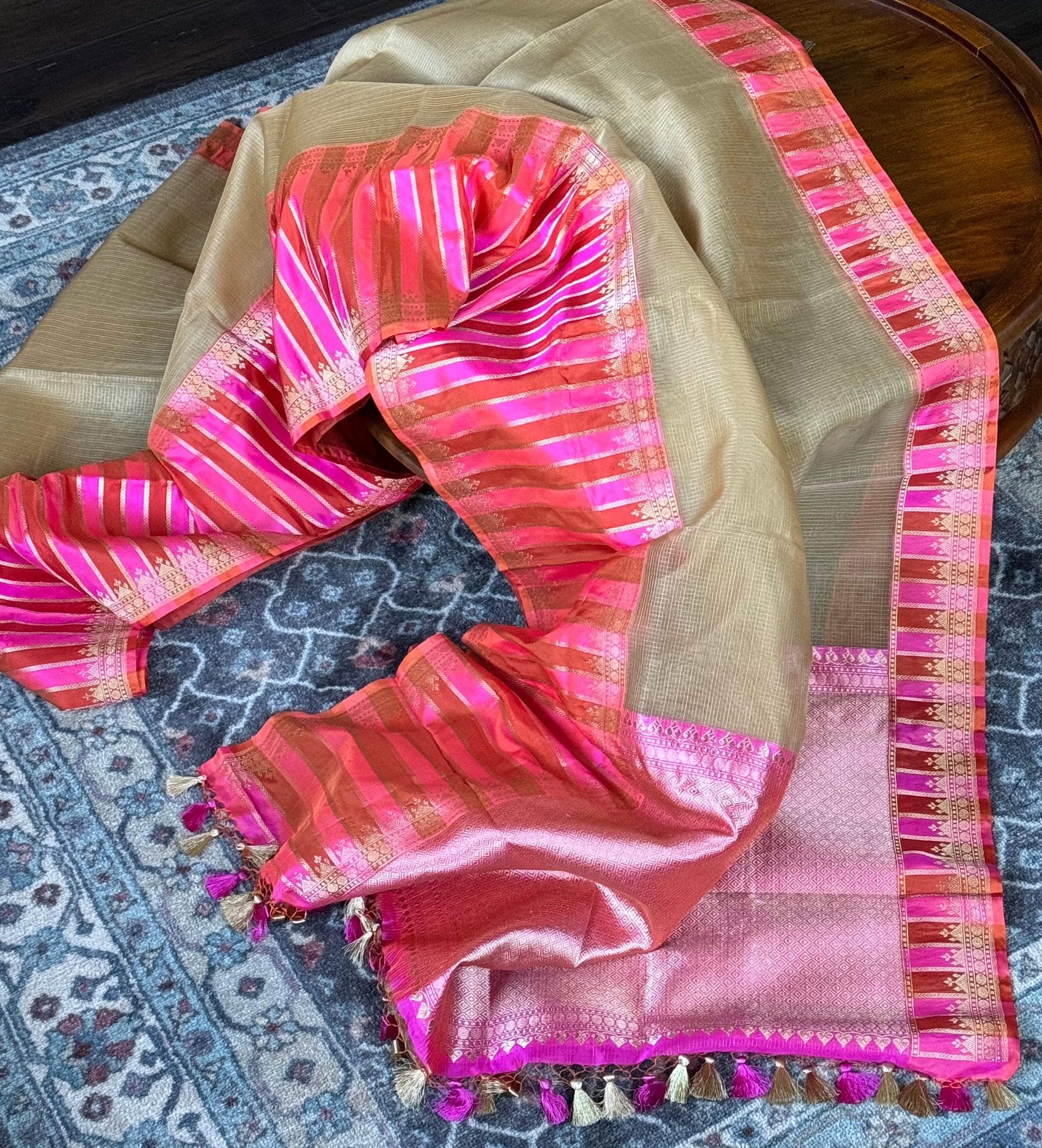 Organza Katan Silk Banarasi -  Tan Pink Orange Checkered