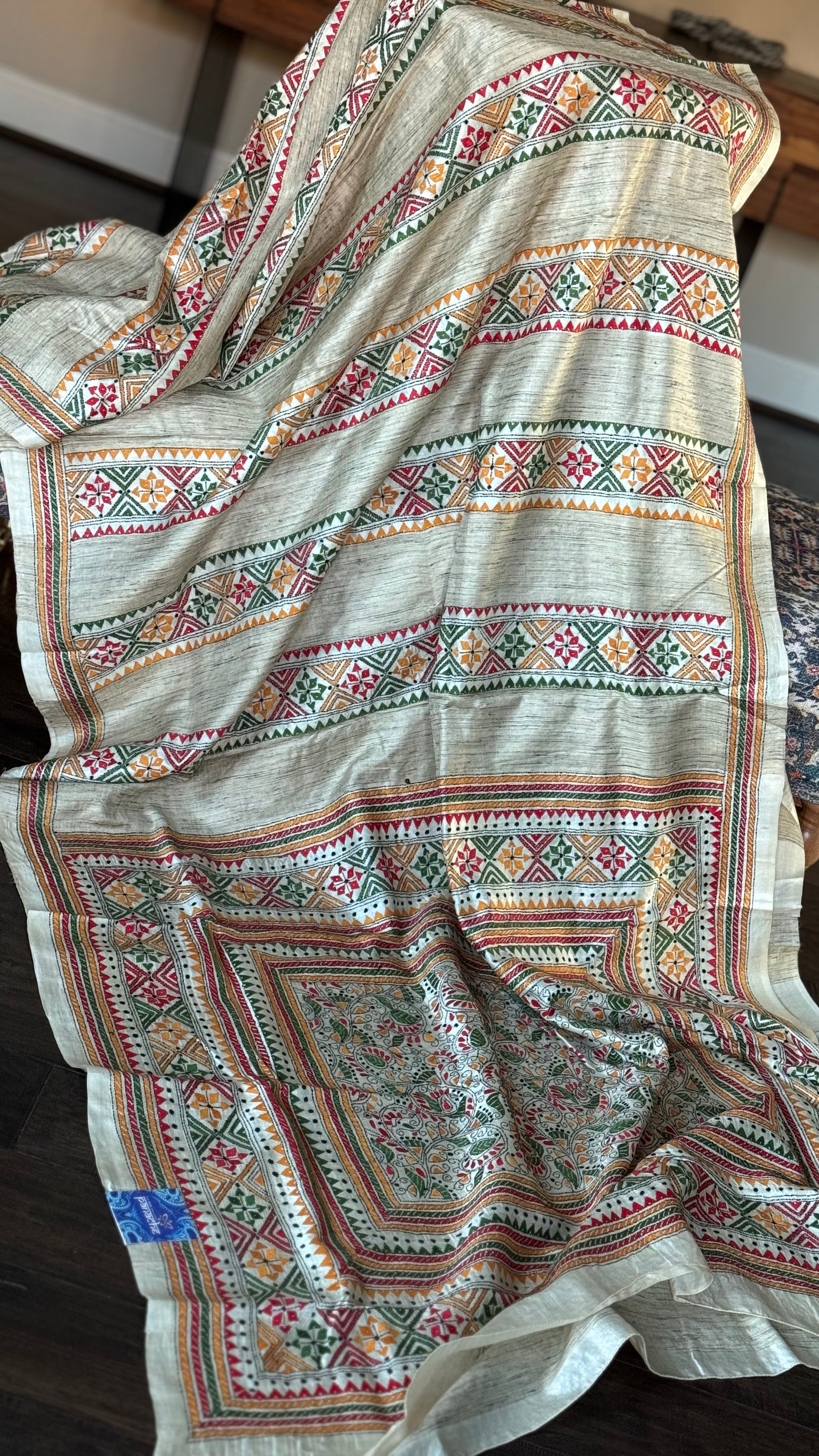 Pure Tussar Silk Kantha Stitch - Beige Multi color