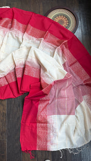 Pure Khadi Cotton Jamdani Handwoven - Off White Red Zari