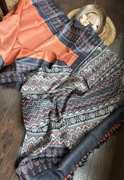 Pure Tussar Silk - Rust Orange Black Ajrakh