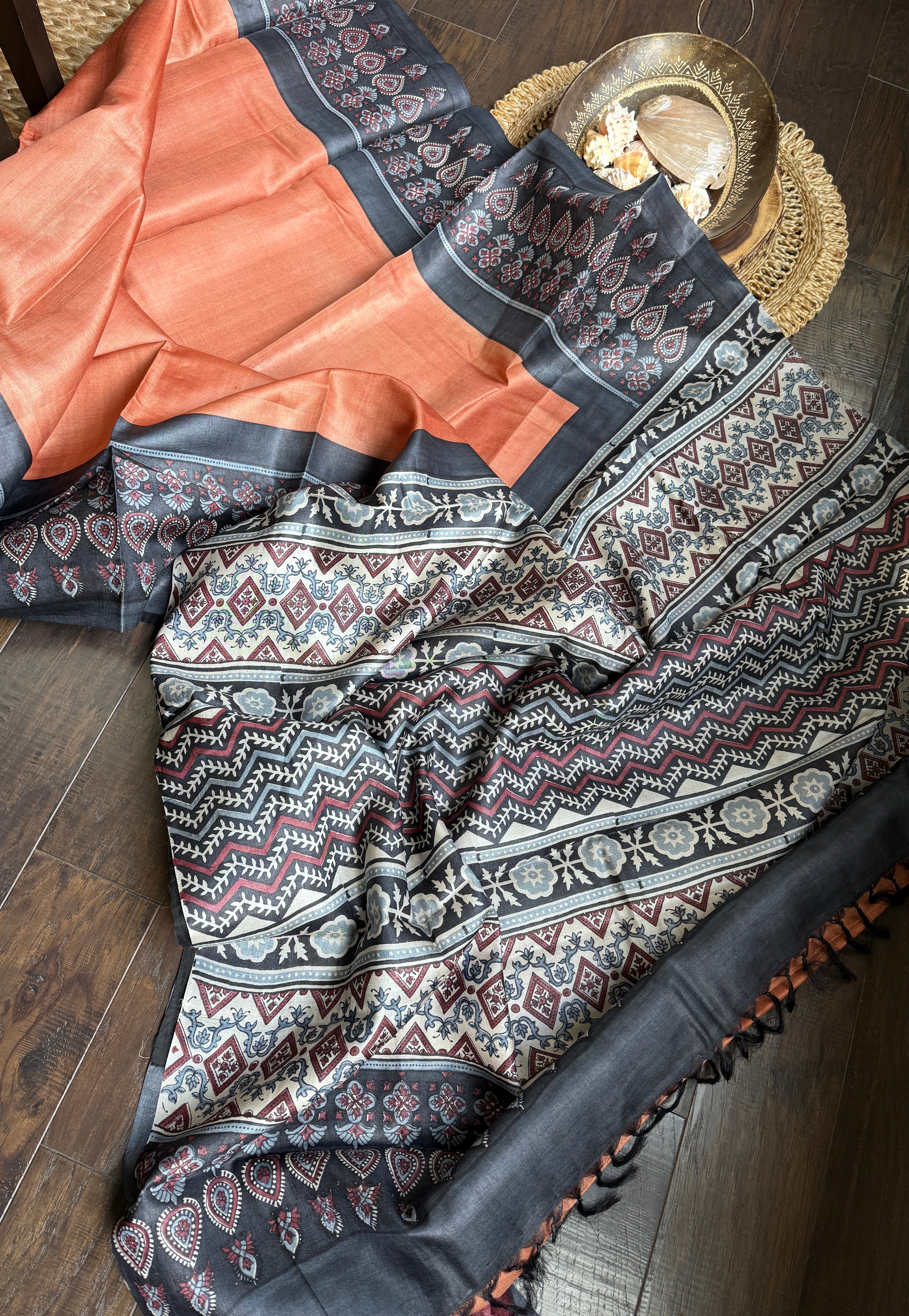 Pure Tussar Silk - Rust Orange Black Ajrakh