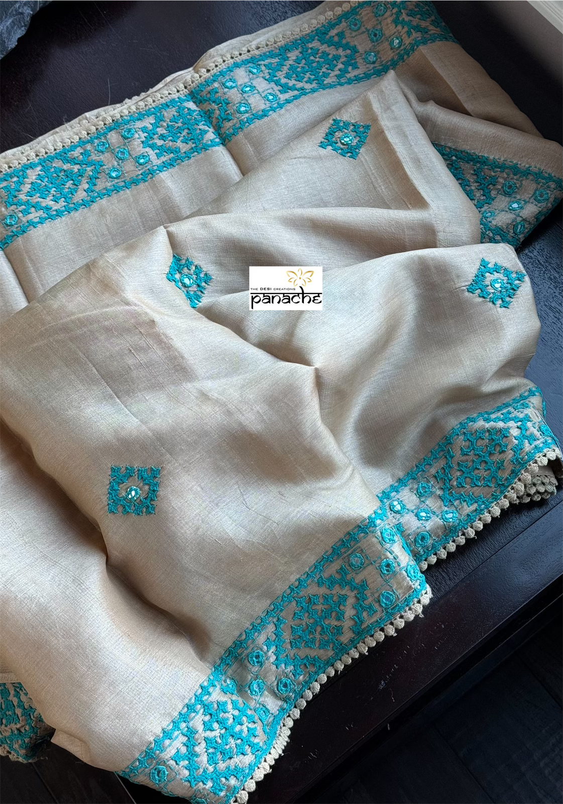 Tussar Silk Hand Embroidered - Tan Beige Firozi Blue