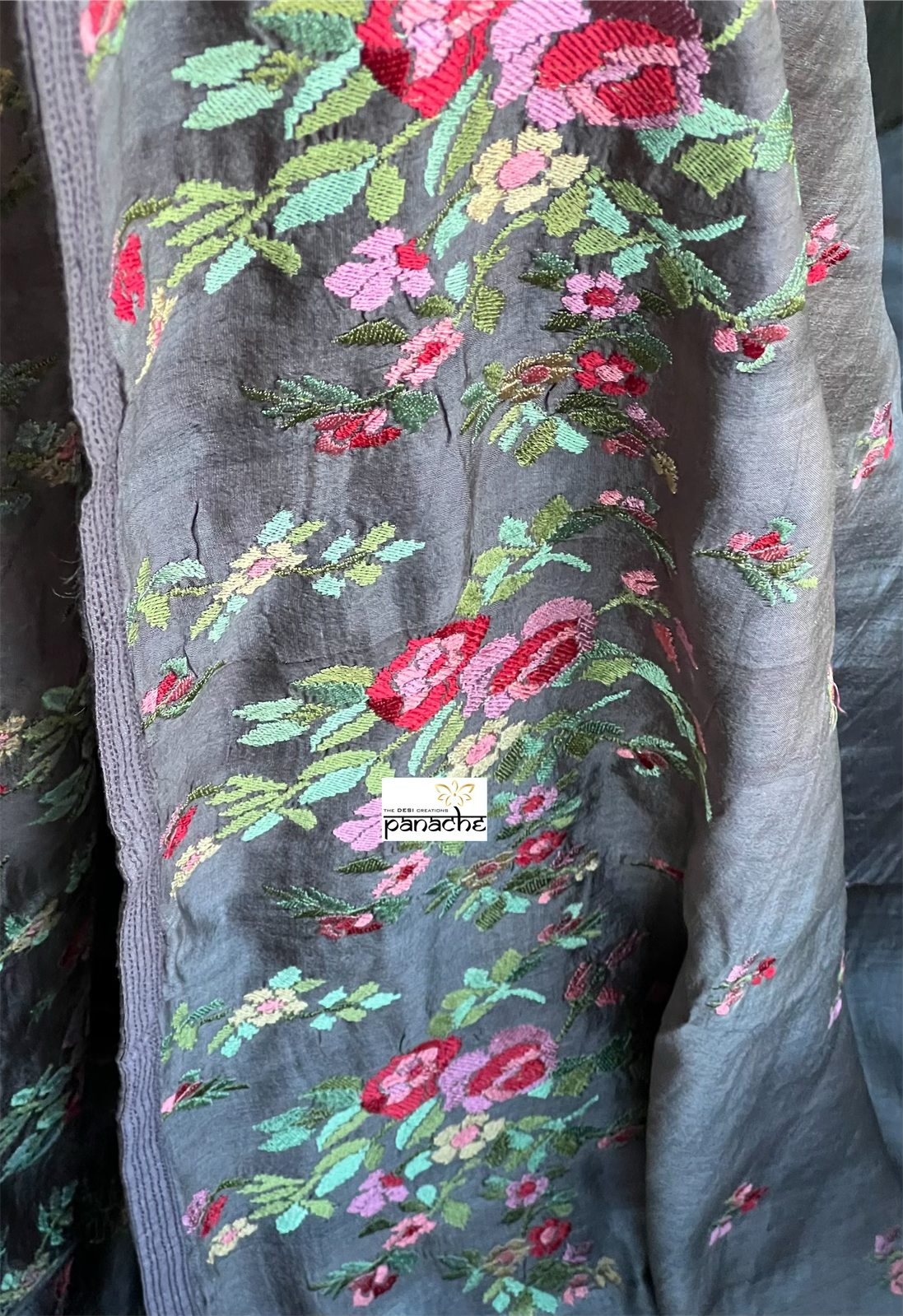 Designer Tussar Silk - Grey Mauve Embroidered