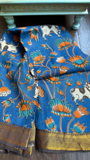 Chinori Silk Kalamkari  -  Blue Orange Nandi