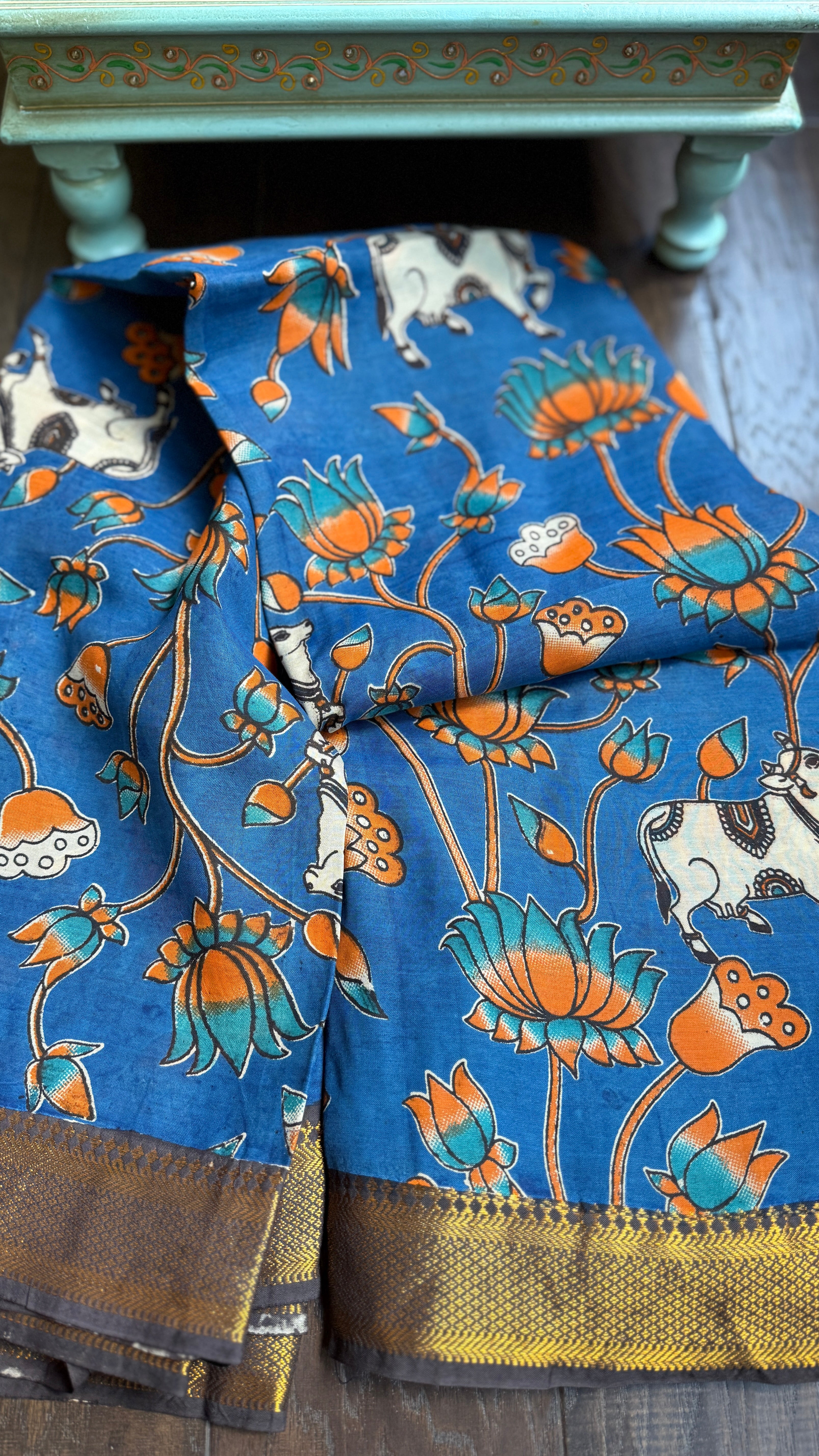 Chinori Silk Kalamkari  -  Blue Orange Nandi