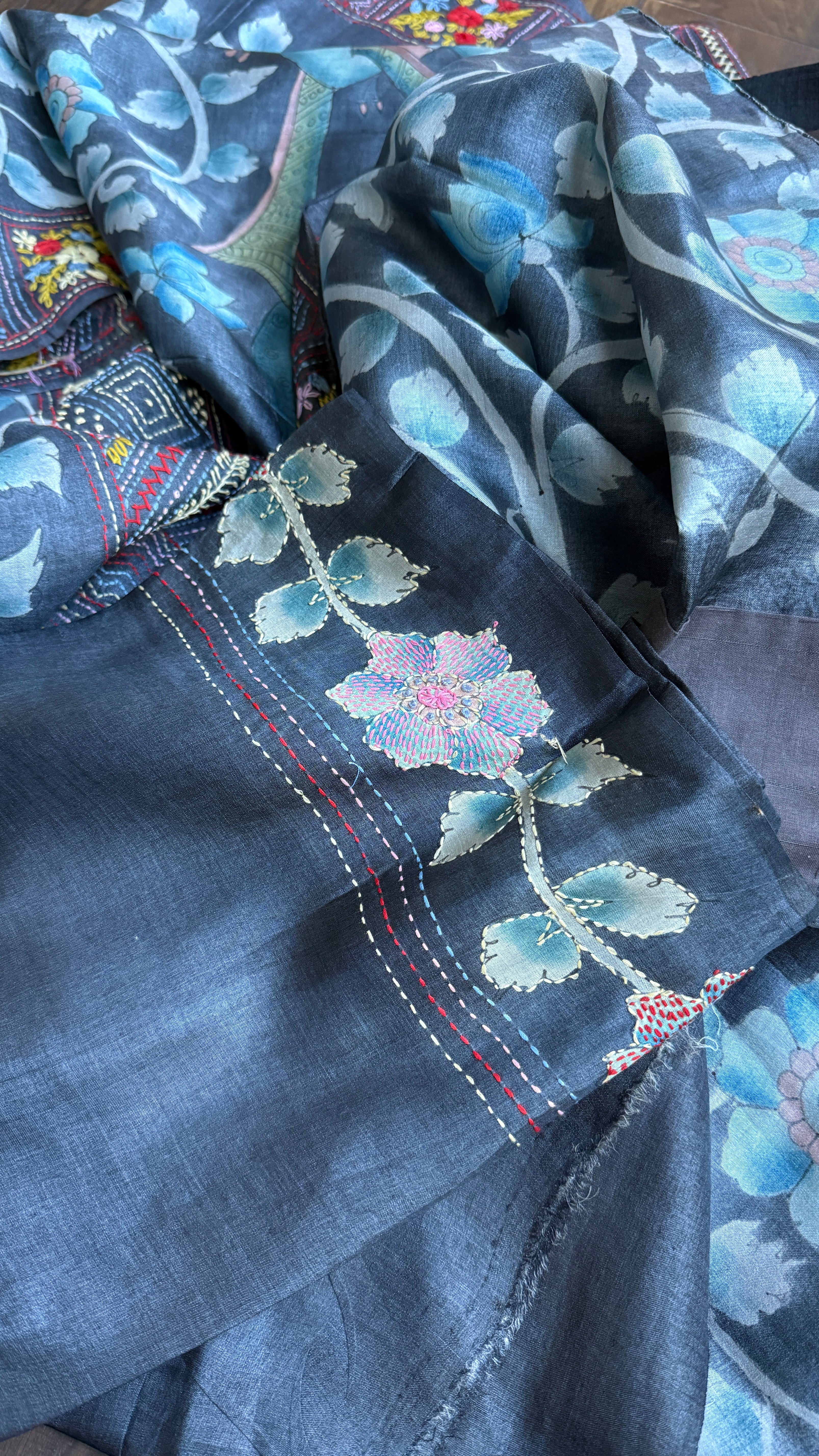 Tussar Silk Pen Kalamkari - Grey Hand Embroidered