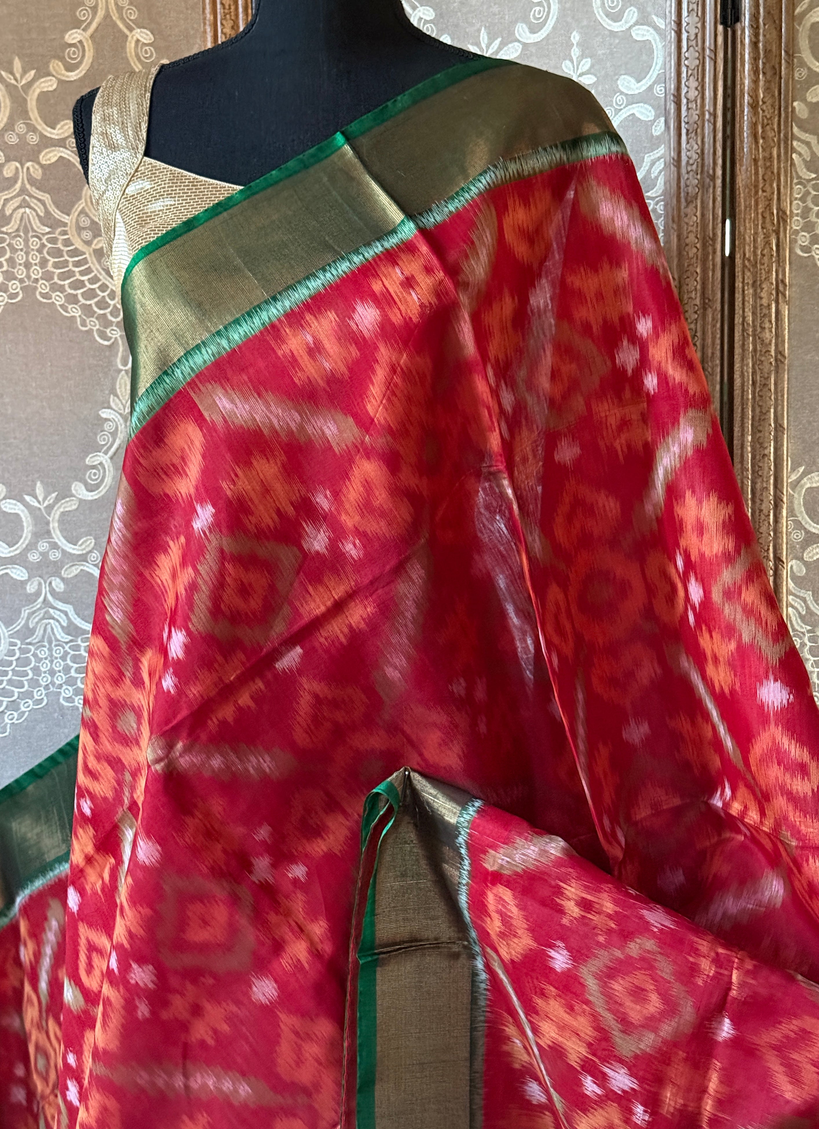 Pure Cotton Silk Ikat - Red Green