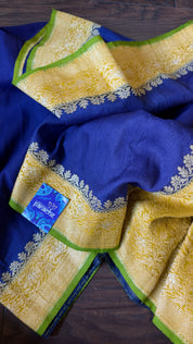 Tussar Georgette Banarasi- Navy Blue Ochre Yellow